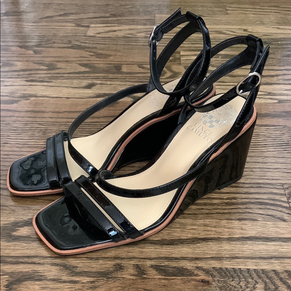 Vince Camuto Black Wedge Square Toe Heels with Elegant Straps